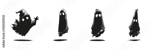 Ghostly Figures In Silhouette Set. Halloween And Spooky Theme Collection. Decorative And Festive Use. Isolated Vector Illustration