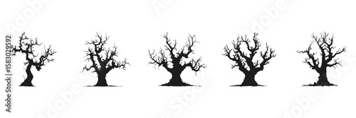 Bare Tree Silhouettes In Icon Set. Seasonal Change And Natural Growth Symbol Collection. Environmental And Botanical Use. Isolated Vector Illustration