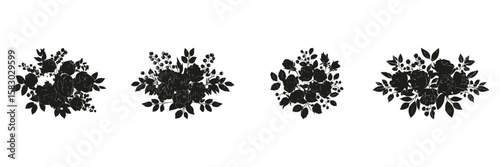 Floral Bouquet Silhouettes In Icon Set. Botanical Arrangement And Decorative Design Collection. Artistic And Graphic Use. Isolated Vector Illustration