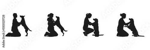 Human And Dog Interaction Silhouette Set. Pet Bonding And Training Symbol Collection. Animal Care And Relationship Use. Isolated Vector Illustration