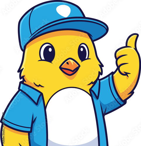 Cartoon chick gives a thumbs-up gesture. Cheerful bird character with positive attitude, wearing cap and shirt, expressing approval and success.