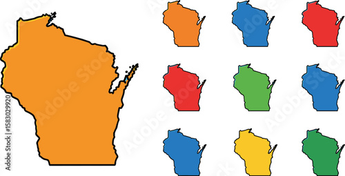 Maps of Wisconsin are depicted in multiple colors. American states, cartography, political geography, outline