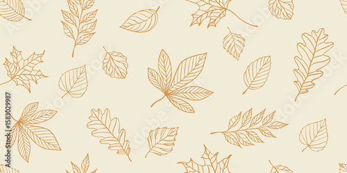 Hand drawn autumn leaves seamless pattern in linear style on beige background