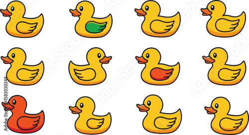 A group of rubber ducks are on display, some of which have different colored wings. Fun toys, bath time, childhood, quack, pool