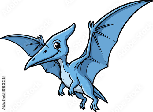 Cartoon pterodactyl is flying in the sky. Prehistoric creature, dinosaur, cartoon character, flying reptile.