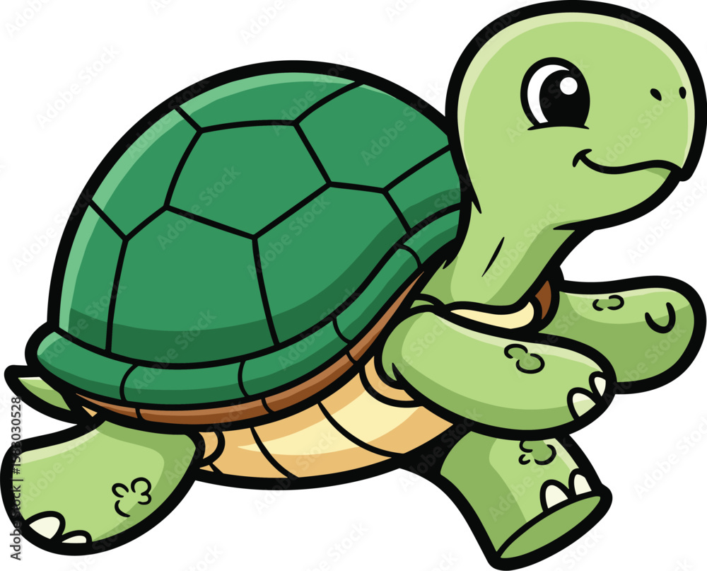 Fototapeta premium Cartoon turtle walks forward with a happy expression. Cheerful reptile, cute animal, green character, wildlife illustration.