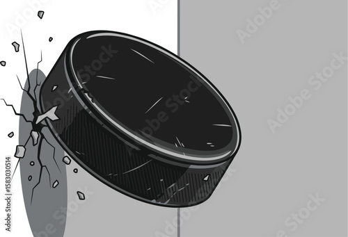 Hockey puck breaks through a wall in a powerful shot. Sports, action, energy, and impact of the game, illustration style.