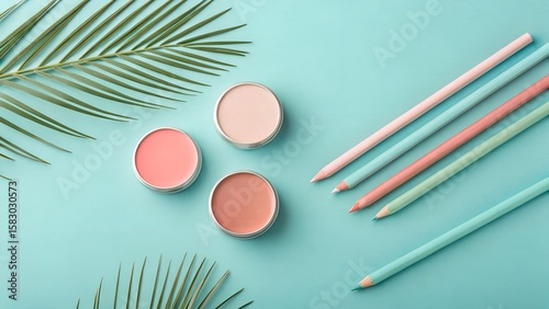 palm leaves, cosmetic products, makeup brushes, pastel background, minimalist, still life, soft focus, natural lighting...