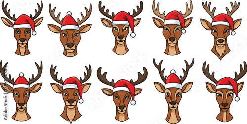 Collection of reindeer faces wearing Santa hats. Holiday season, festive, Christmas, decoration, illustration, wildlife