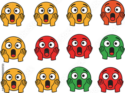 Surprised emoticons express shock and fear. Cartoon faces, panic, alarm, expression, reaction.