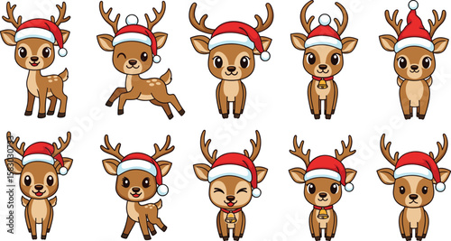 Cartoon reindeer wear Santa hats. Cute Christmas animals, festive holiday, kawaii style, childish illustration.