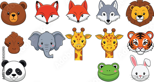 Cartoon animal faces arranged on white background. Wildlife illustration, zoo animals, cute animals, animal icons, animal head