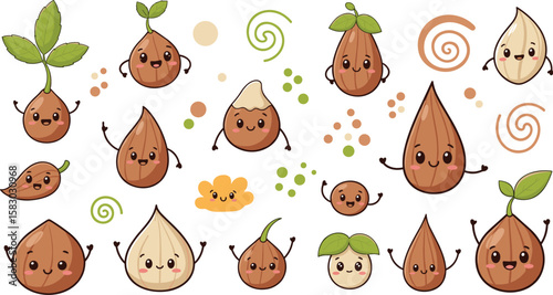 Cute almond characters with happy faces. Kawaii cartoon almond seed group, healthy food, funny emoticon