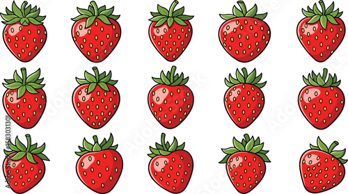 Group of fifteen cartoon strawberries are arranged in a pattern. Fresh fruit, summer harvest, healthy eating, dessert ingredients.