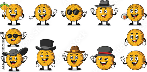 Gold coins show personality with hats and sunglasses. Cartoon characters, money, wealth, humor, funny, cute, illustration