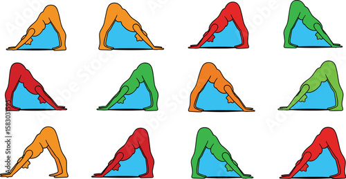 Yoga poses are repeated in a colorful pattern on blue background. Mindful exercise, fitness, wellness, health and lifestyle.