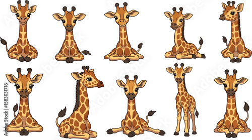 Cartoon giraffes pose in various positions. Cute, illustration, drawing, art, funny, playful