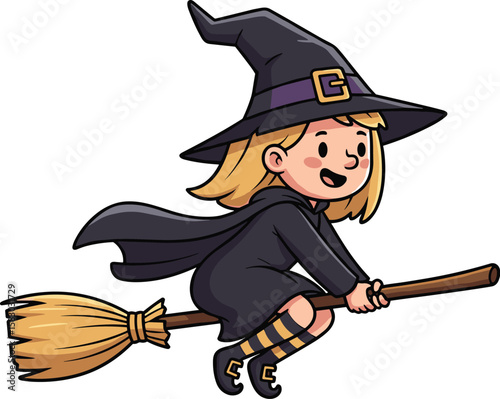 Cute Witch Flying on Broomstick Vector