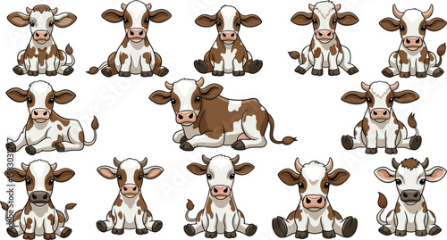 Collection of brown and white cartoon cows in different poses. Animal illustration, farm animals, dairy cow, cute, adorable, calf, cartoon