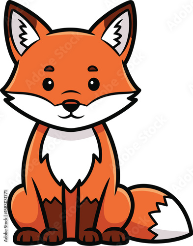 Cute cartoon fox sitting upright and smiling. Adorable animal illustration, whimsical art, friendly character, woodland creature.