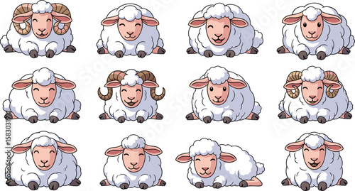 Cartoon sheep rest on white background. Collection of cute farm animals with white wool and smiling faces.