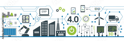 Industrie 4.0 – Illustration Vectorielle de l’Usine du Futur avec Technologies Avancées, Automatisation, Robotique, et Systèmes Connectés pour la Transformation Digitale Industrielle

