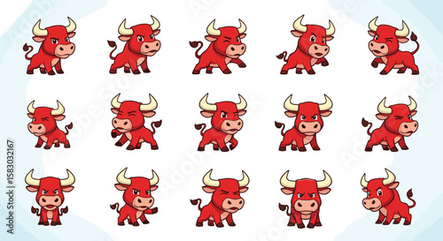 Cartoon red bulls display various expressions. Bull mascots, animal characters, vector illustration, cute icons.