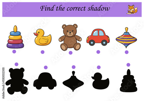 Toy silhouettes with matching shadows for children's activity sheet,Find the correct shadow	
