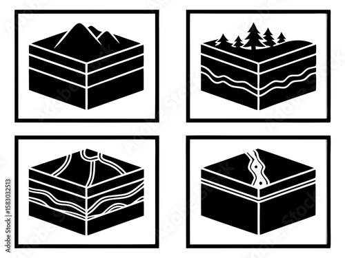 Cross section illustrations of geological formations and landscapes