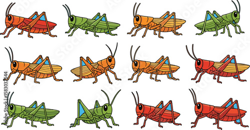 Multiple grasshoppers are arranged on a blue background. Cartoon insects, colorful bugs, wildlife, zoology