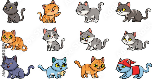 Collection of cute cartoon cats in various colors and poses. Adorable feline characters, playful animals, pet illustrations, comic drawings, kitten art