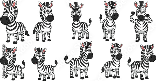 Collection of zebra cartoon characters posing. Cute animal mascots, cartoon art, illustration, whimsical.
