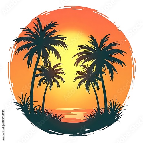 Palm Trees Silhouetted Against Sunset Over Ocean - Tropical Paradise