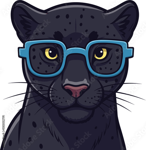 Cartoon black panther wears blue glasses. Animal portrait, mascot, eyeglasses, intellect, smart, design