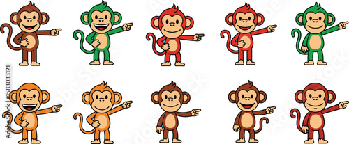Cartoon monkeys point with fingers on light blue background. Playful apes with different color fur for design.