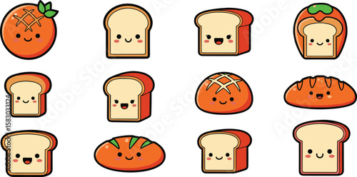 Cartoon bread characters are lined up on a blue background. Cute food, bakery, kawaii style, baked goods, snack
