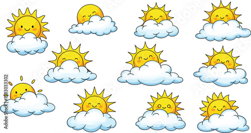 Cartoon suns peek behind fluffy clouds with smiling faces. Weather forecast illustration, sunshine, positivity, happiness.