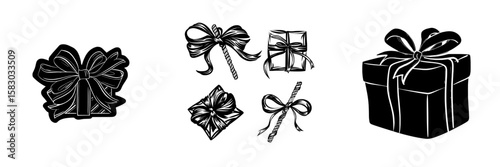 A bow drawing set created with chalk features hand-drawn present knots and a wrap pack isolated on a white background, ideal for celebration design and anniversary collections