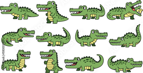 Cartoon crocodiles display various poses and emotions. Reptiles illustration, alligator, cute animals, wildlife.