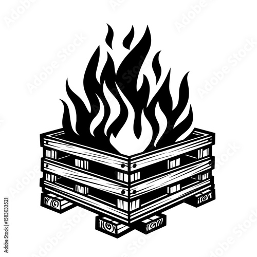 This modern clipart illustration design shows an image of a dumpster fire silhouette, which can also be called a trash fire or a garbage blaze