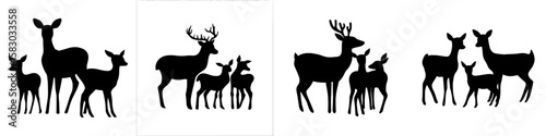 A simple modern silhouette of a deer family is isolated on a white background