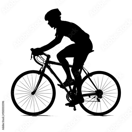 The silhouette of a bicycle wheel is showcased in this image, where a person is seen riding a bicycle, highlighting their posture, in a contemporary clipart design