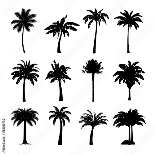 Modern bundle of banana tree silhouettes isolated against a white background