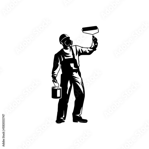 The silhouette of a construction worker painter is depicted in a modern illustration isolated on white