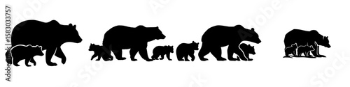 A bear and its cubs are depicted in a simple modern silhouette isolated on a white background