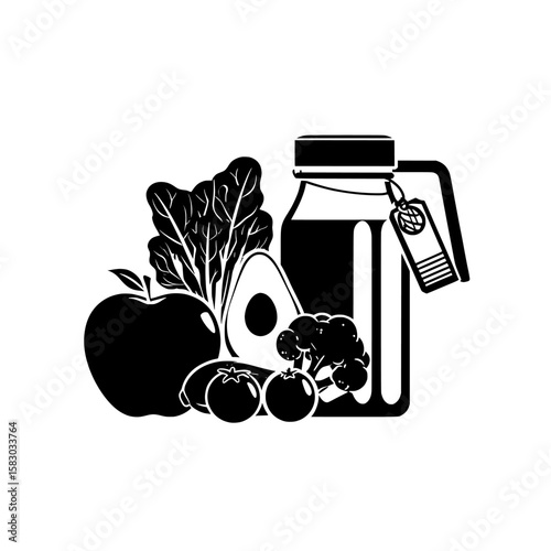 An arrangement of nutritious produce, comprising apples, avocados, lettuce, broccoli, and tomatoes, is shown alongside a jar, water pitcher, and bio tag, underscoring the value of nutrition, health