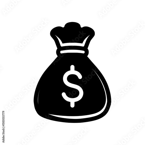 The money bag icon is presented in a modern illustration set with a black silhouette design intended for use in business and finance web signs