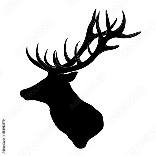 The image presents a reindeer's head in black silhouette, with large antlers, symbolizing the perfect blend of wildlife, festive spirit, and elegance, all in a modern clipart illustration design
