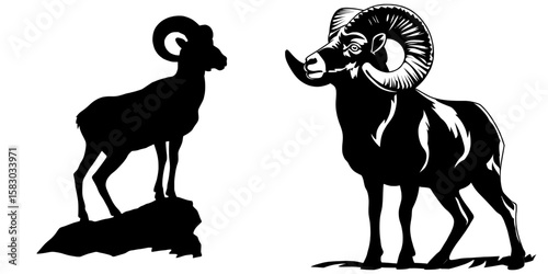 This image shows a bighorn sheep in a black silhouette, highlighting its curved horns and robust build, presented in a modern clipart style