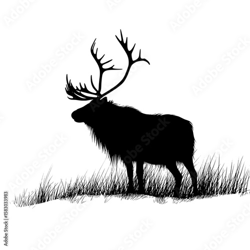 The picture presents a black silhouette of a reindeer, emphasizing its impressive antlers and elegant demeanor through a contemporary illustration design